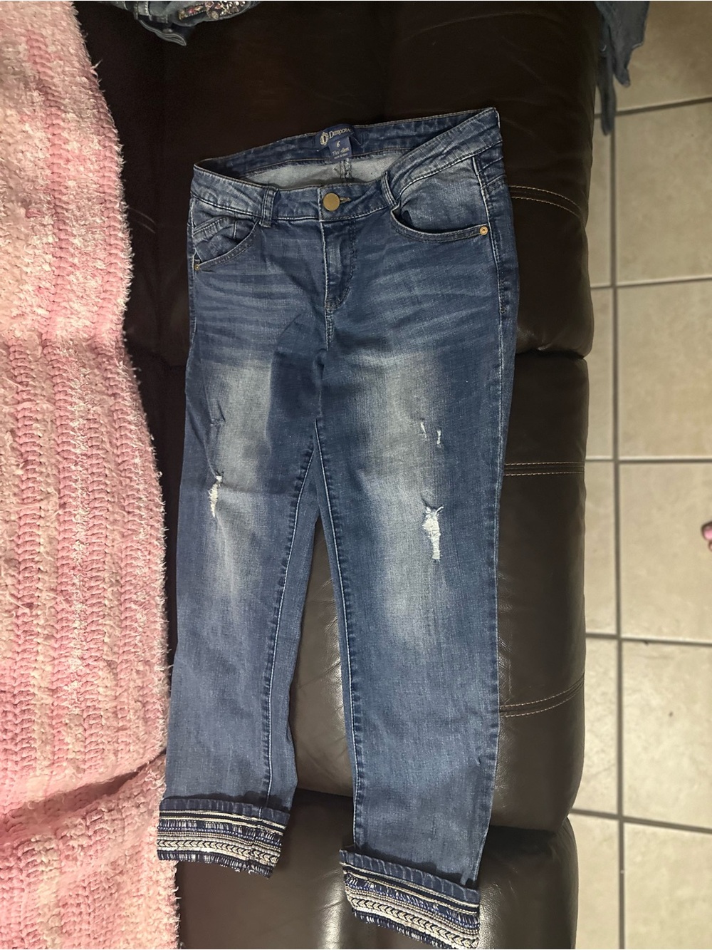 Democracy Blue Cropped Distressed Jeans with Embellished Hem